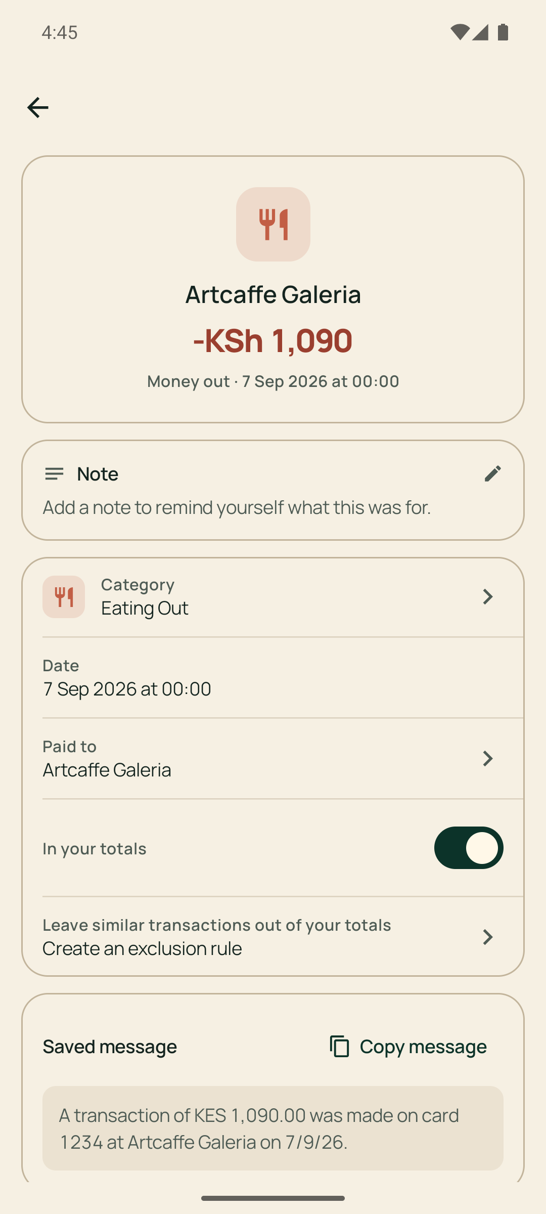 Budget Pesa transaction detail with a note, category, and exclusion rule