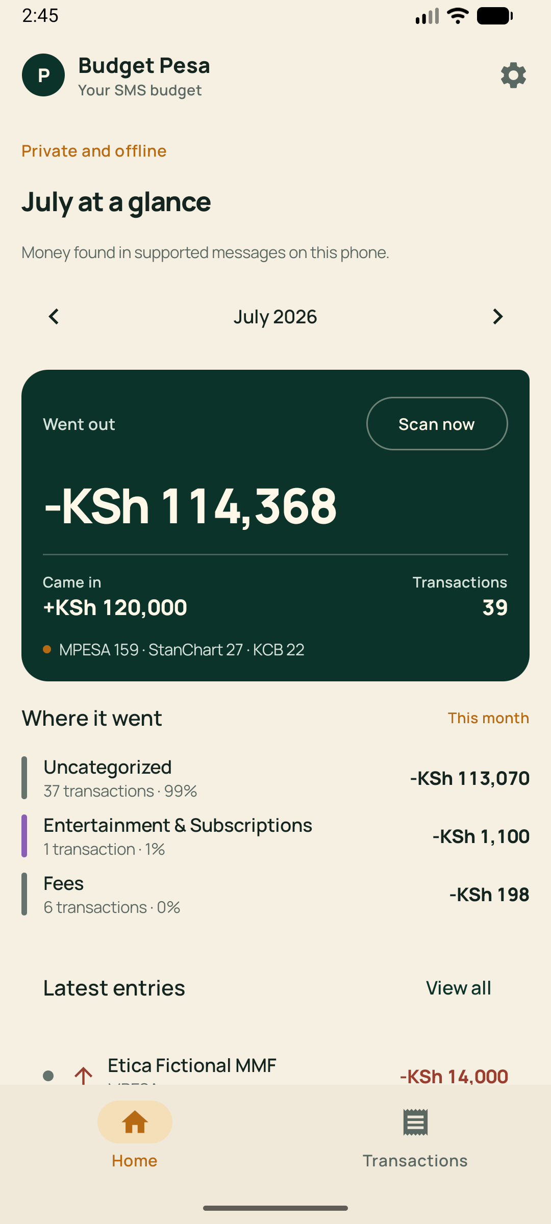 Budget Pesa home screen showing a monthly spending summary