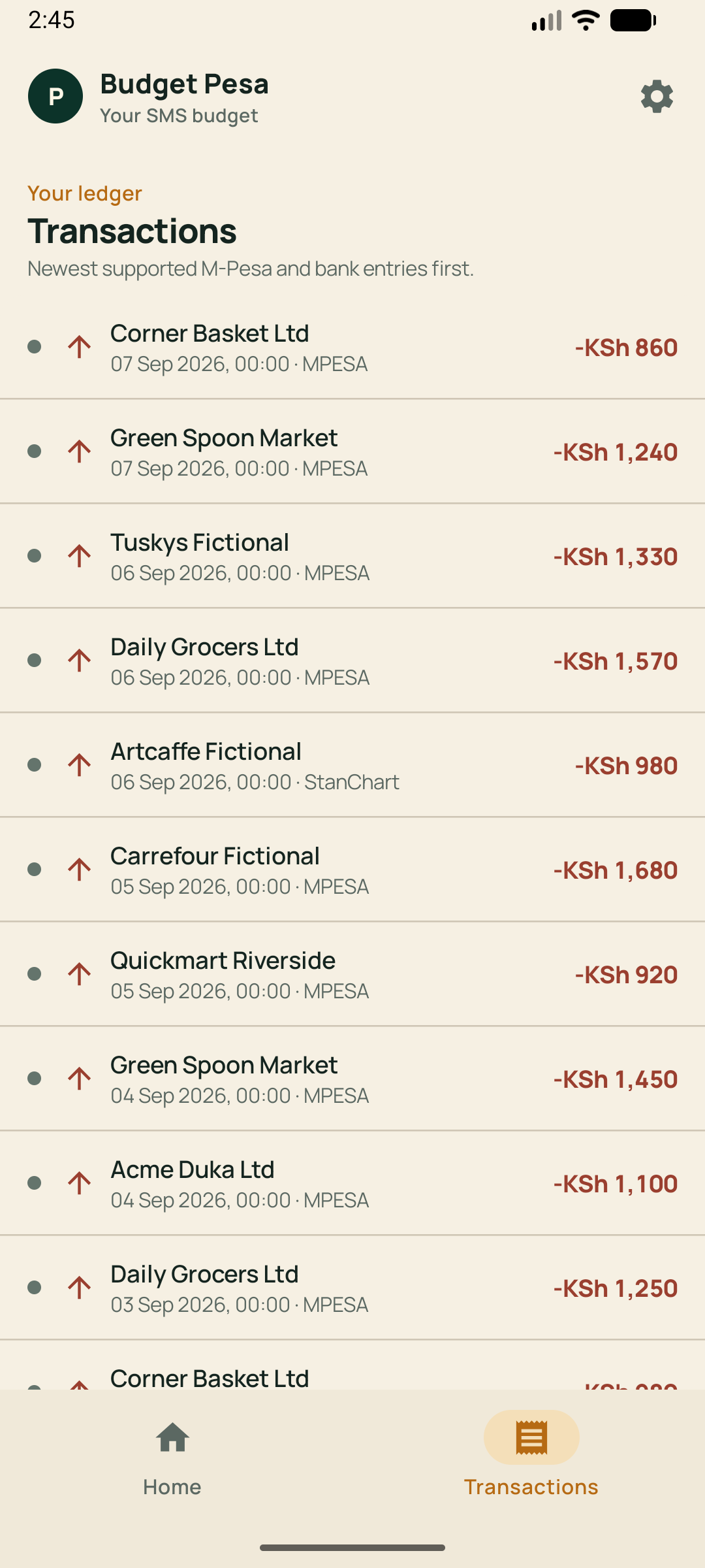 Budget Pesa transaction ledger with supported M-Pesa and bank entries