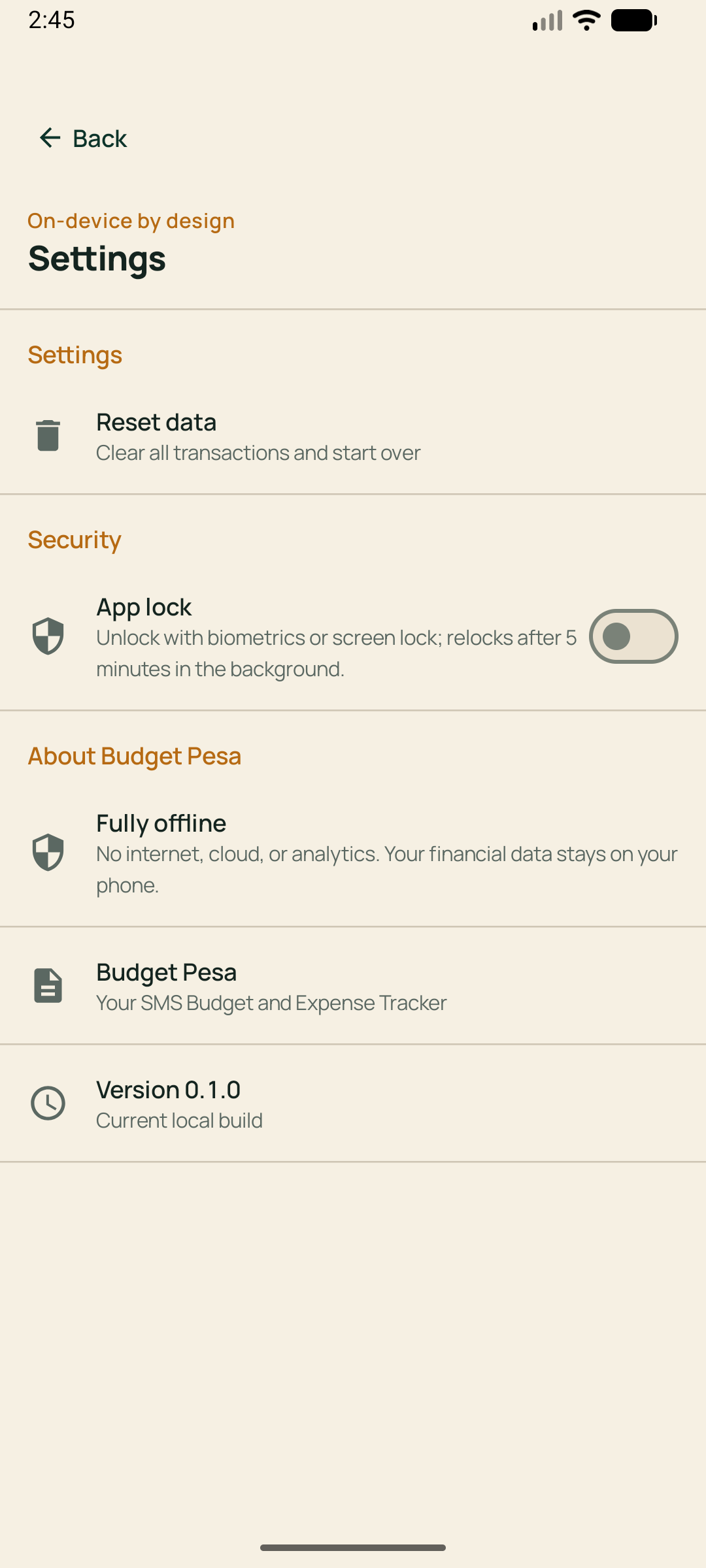 Budget Pesa settings explaining offline operation and app lock