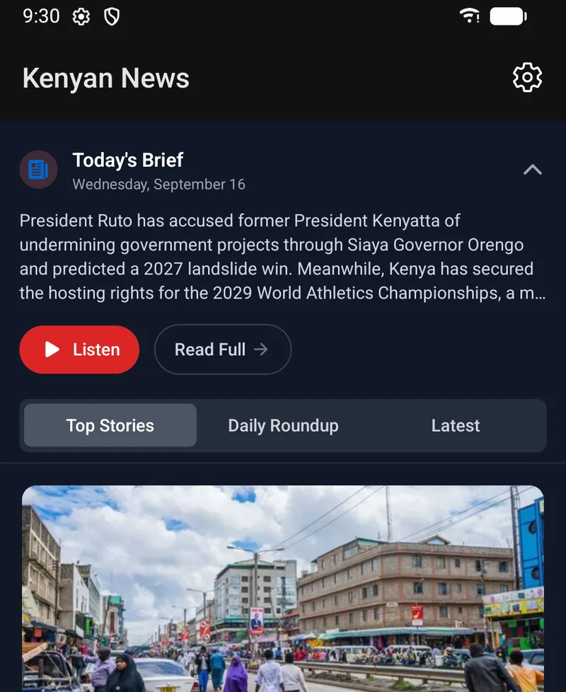 Today's Brief expanded in the Kenyan News app, with Listen and Read Full options