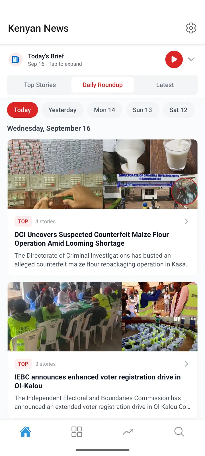 Kenyan News app Daily Roundup showing the day's stories grouped into cards