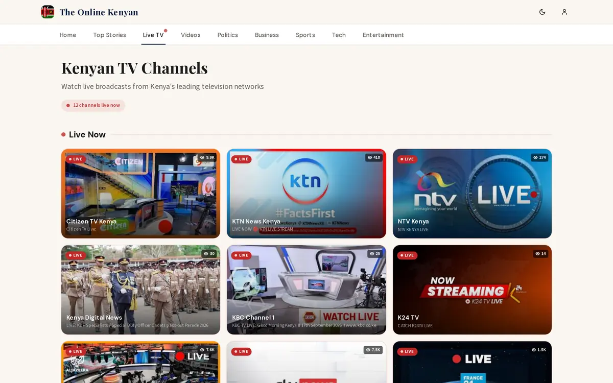 Live TV page showing Kenyan channels streaming now
